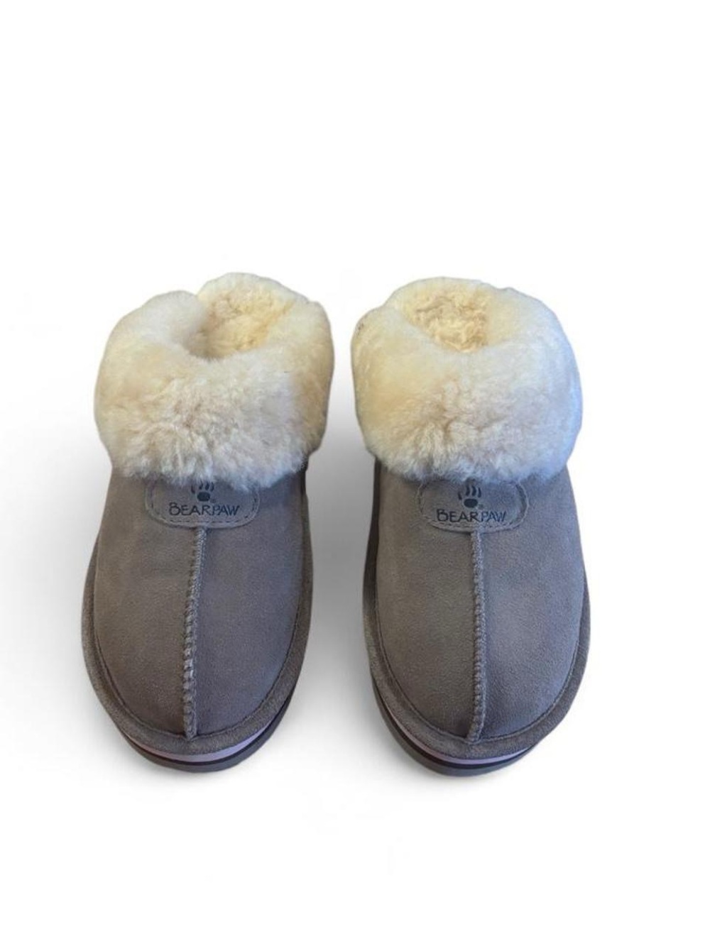 BearPaw Women Taupe Suede Slip-On Slippers with Cream Shearling